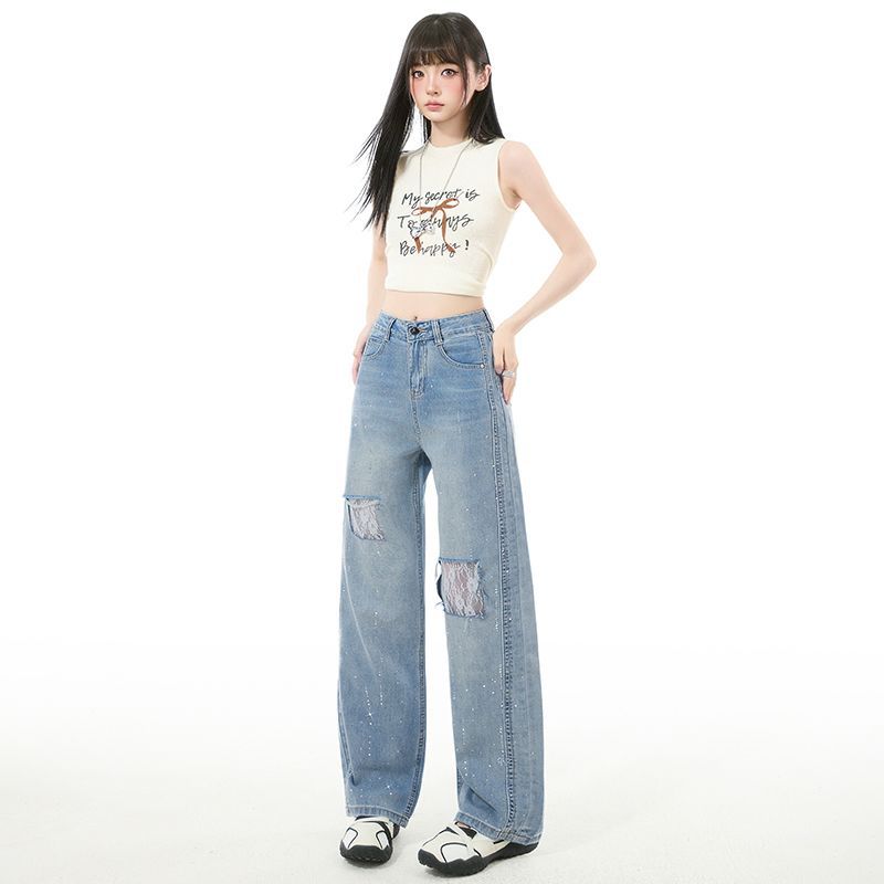 Spring Summer Rhinestone Ripped Lace High Waist Slim Narrow Wide Leg Trendy Casual Denim Pants Female Casual Pants Oversize Denim Trousers