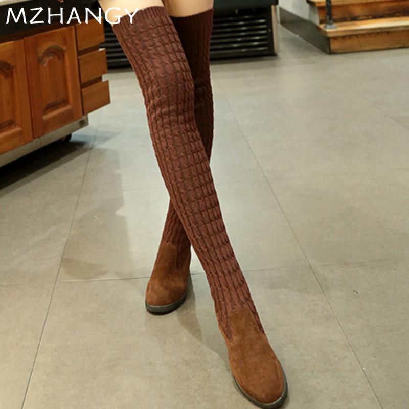 Mode Dames Flats Hoge Laarzen Casual Over de Knie Gebreide Schoenen Vrouw 2025 Trend Mode Winter Designer Knusse Soklaarzen Mujer Botas
