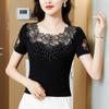 S-4XL Summer Short Sleeved O-Neck Women's T-Shirt Elegant Slim Sexy Hollow Out Drilling Mesh Lace Tops Blusas