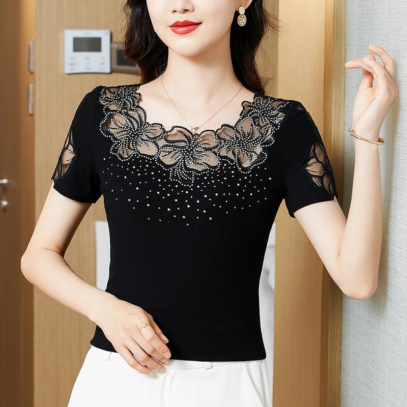 S-4XL Summer Short Sleeved O-Neck Women's T-Shirt Elegant Slim Sexy Hollow Out Drilling Mesh Lace Tops Blusas