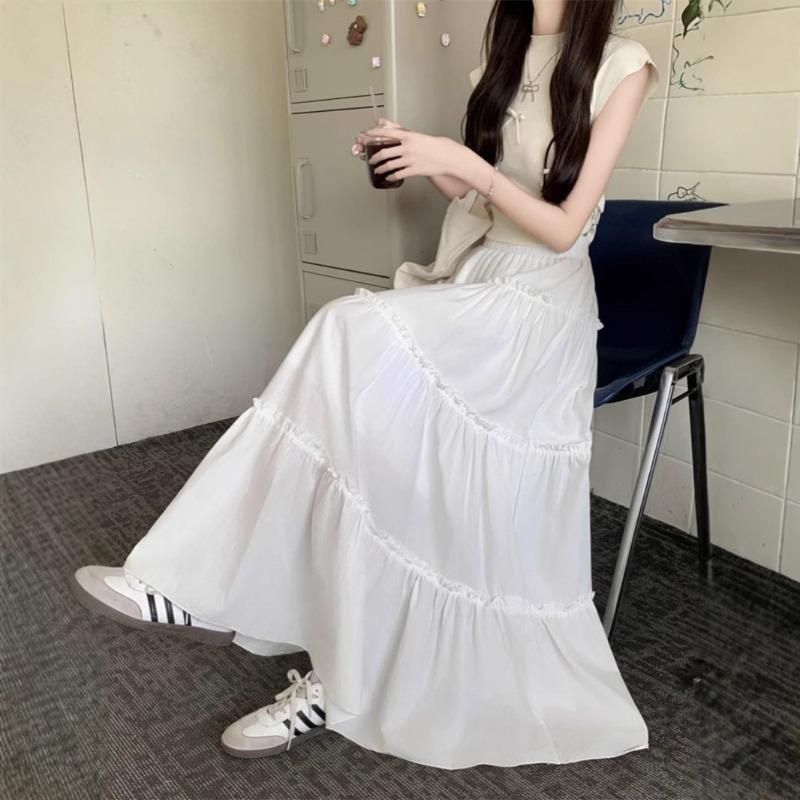 White skirt spring and summer high waist a-shaped skirt cake skirt gentle wind long skirt design wrinkled skirt