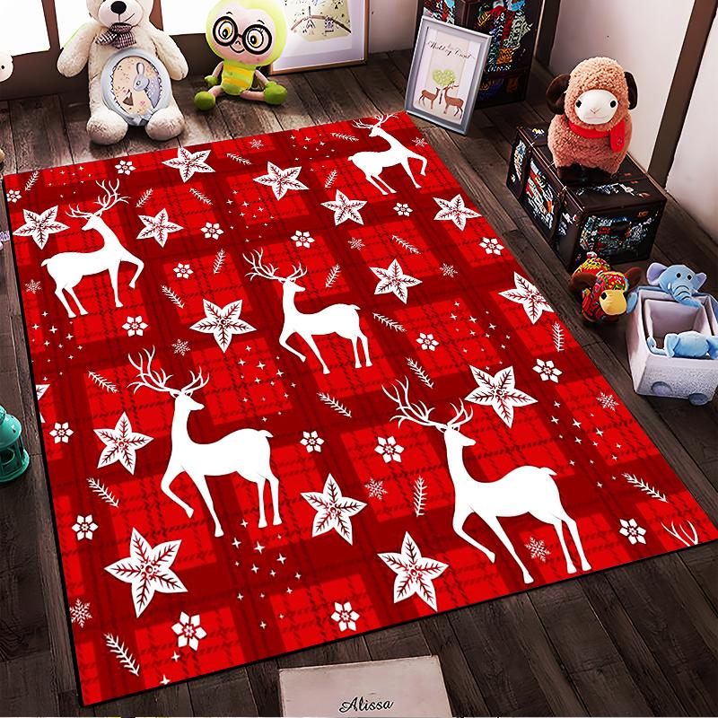 White Reindeer on Red Plaid Rug Non-slip rug suitable for living room and bedroom sofas
