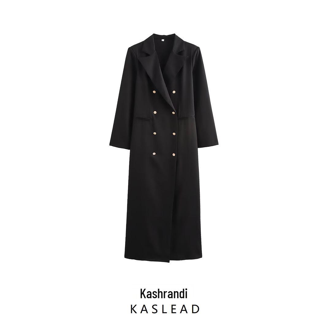 

2024 Autumn Women s European & American Style Long Double-Breasted Coat Small чёрный