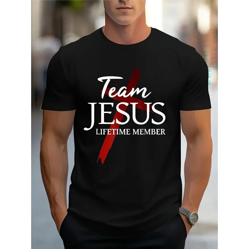 Europäische Größe Herren Christlicher Glaube Team Grafik T-Shirt - mit Rotem Kreuz & Team Schriftzug, Atmungsaktives Rundhals Freizeit Sommer T-Shirt für Kirchenveranstaltungen