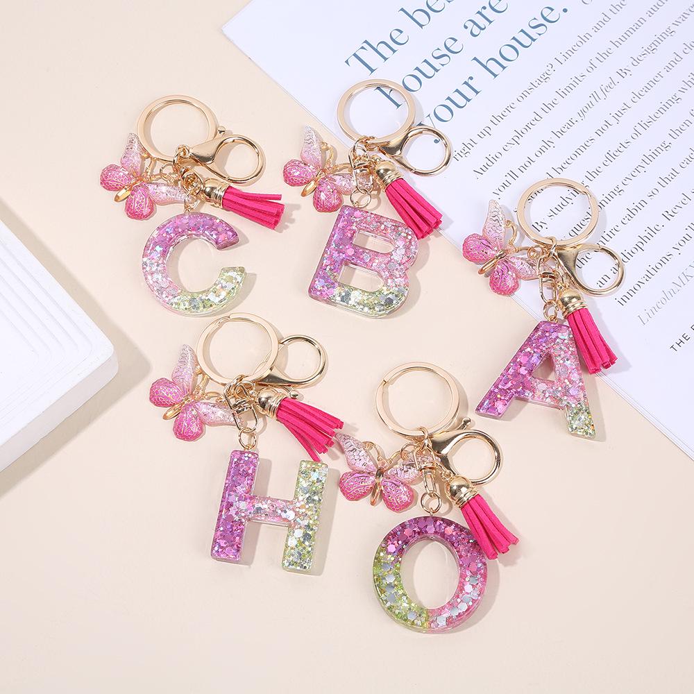 Gradient Color Initial Keychain with Sequin Butterfly & Tassel - Perfect Jewelry Bag Accessory & Holiday Gift