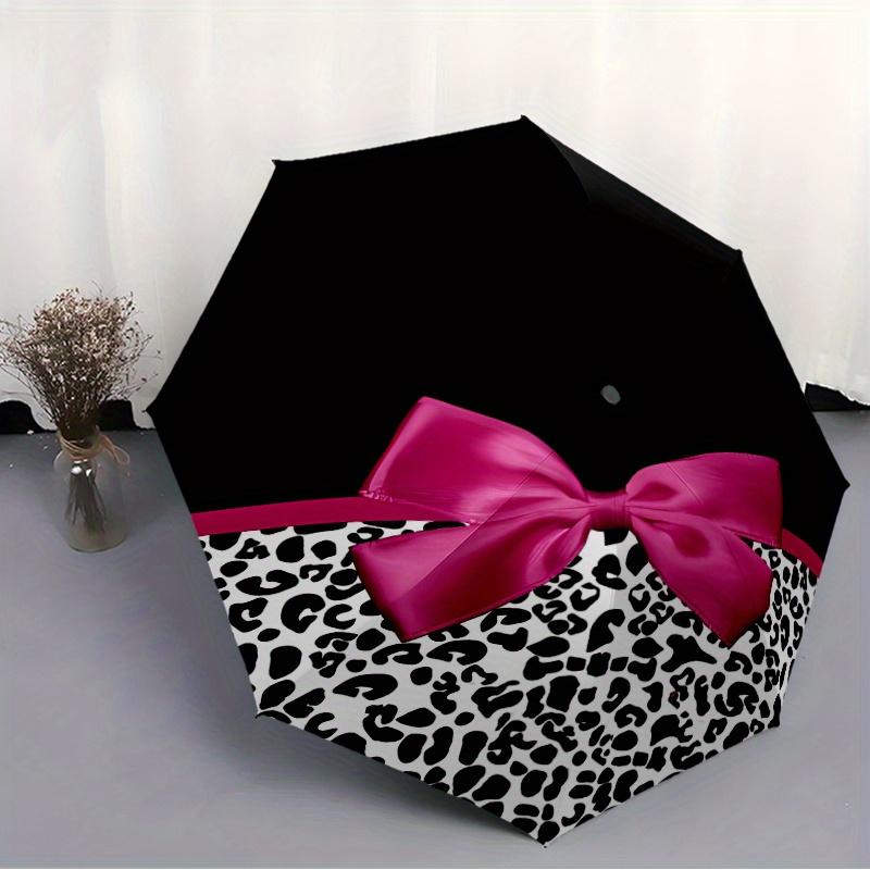 Women's Automatic Open/Close Umbrella with Shield & - Leopard Print Black Background, Pink Bow Accent - Automatic Folding, 8-R