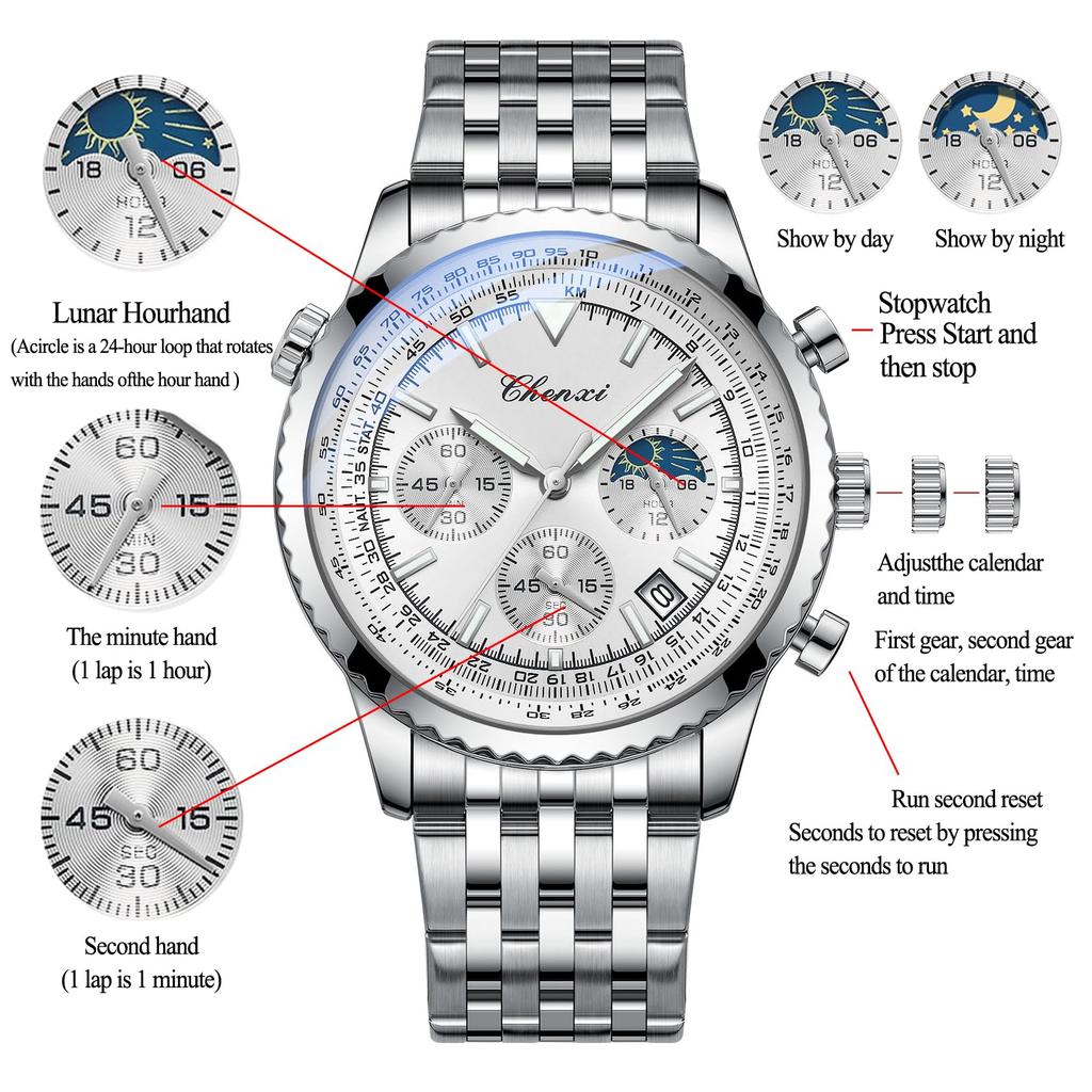 Stainless Steel Watch with Analog 3ATM Water Small Luminous Quartz Silver A Fashionable Accessory for and Boyfriends Men's Calendar, Display,
