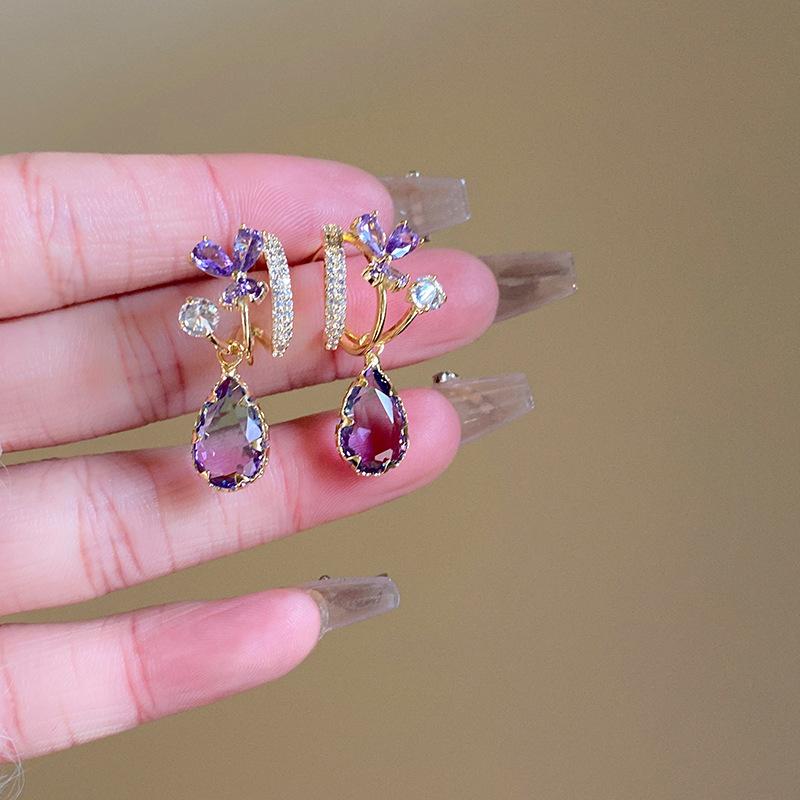 Zircon flower artificial crystal water drop fringed earrings fashionable and elegant earrings high-end temperament earrings