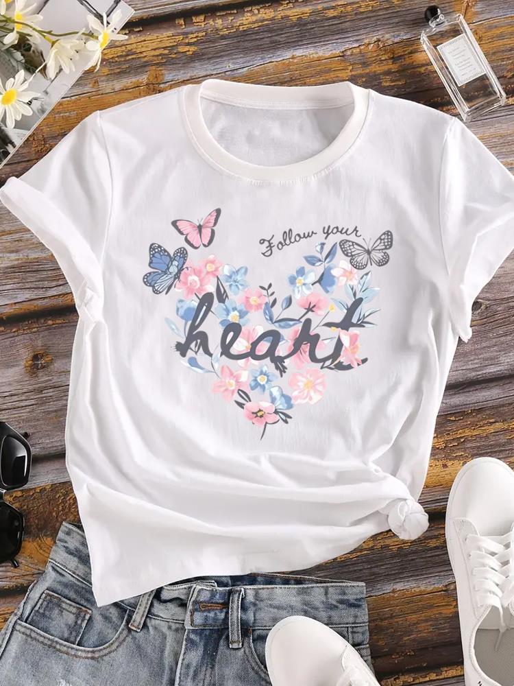 (Asian Size) Flower Letter Trend Female Top Fashion Graphic Short Sleeve T-shirts Casual T Shirt  Lady Printed Clothing Women Tee