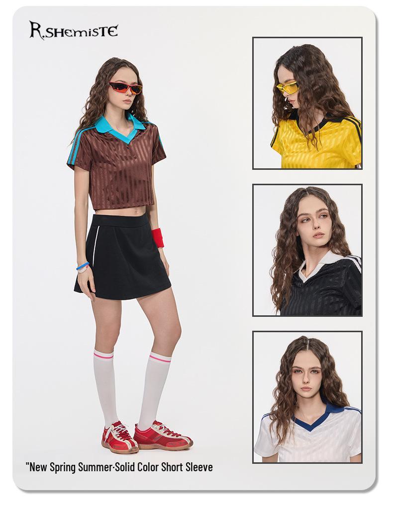 RS Women's Retro V-Neck Football T-shirt - Patchwork Stripes, Short Sleeve, USA/Canada/Mexico Sports Style