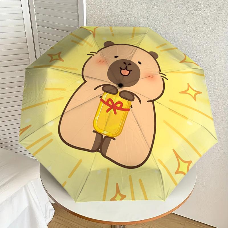 1pc Cute Capybara Automatic Folding Umbrella, Portable Collapsible Design, 8-Rib Iron Frame, Outdoor Accessory yy250905062