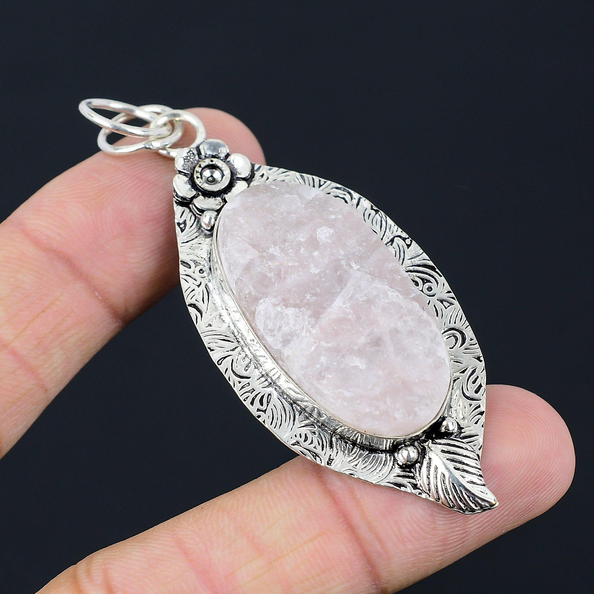 Wedding Gift For Her 925 Silver Natural Rose Quartz Rough Gemstone Pendant