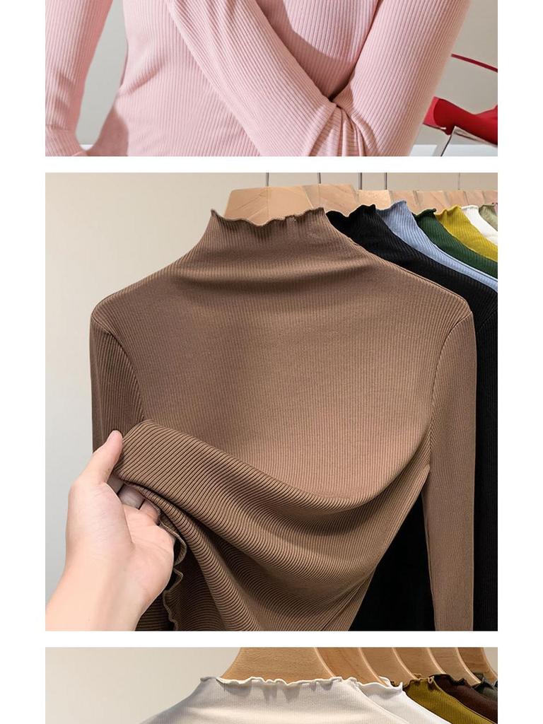 Women's Modal High Neck Long Sleeve Shirt - Elastic Slim Fit, Trendy Thin Style for Spring, Autumn, and Winter.