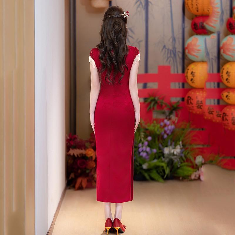 Elegant Red Lace Sleeveless Cheongsam Dress Wedding Guest Bridal Shower Banquet Chinese Style Long Qipao With High Slit