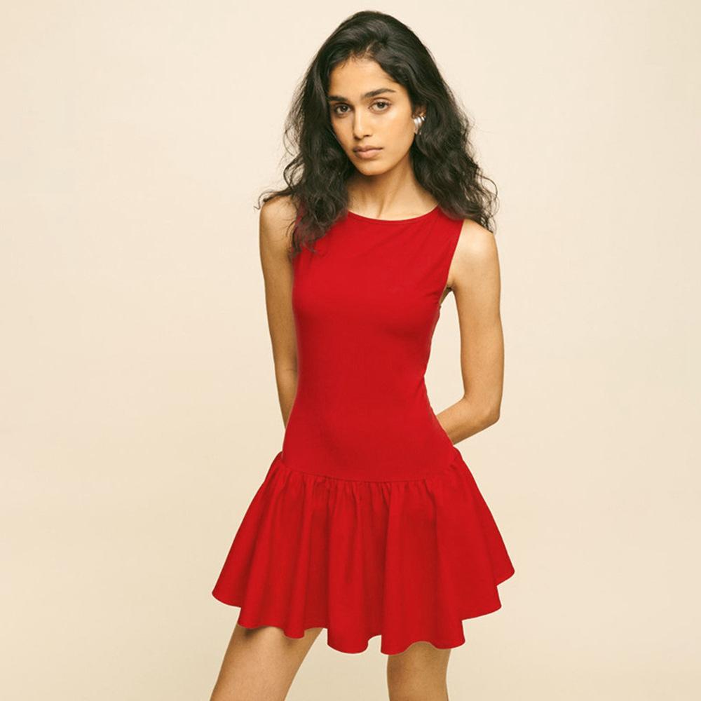 

Fashion Solid Color Sleevele Ssmini Sundress Women Party Dress S чорний