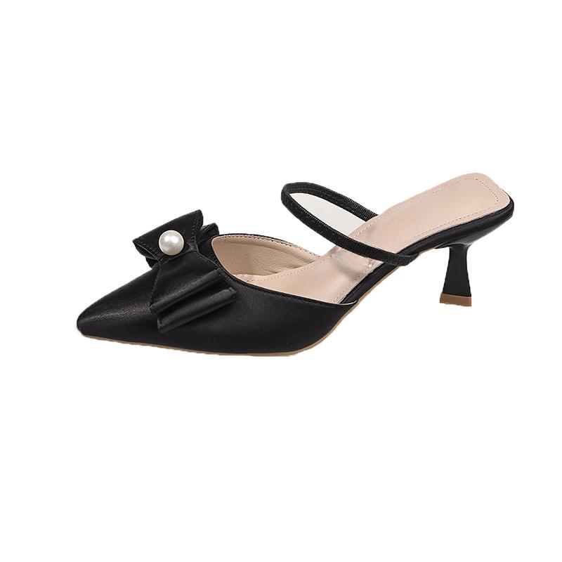Fashion Pearl Butterfly Knot Head Slippers Summer New Pointed Head Shallow Mouth Line with Anti-slip Wear-resistant Heel Shoes