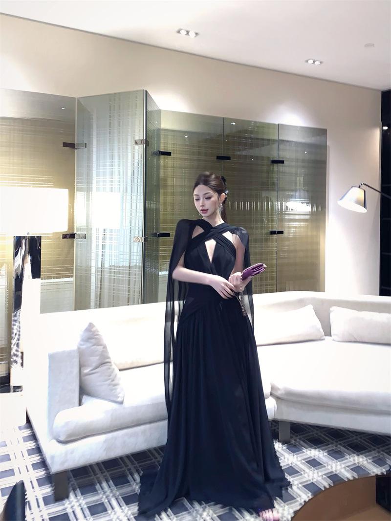 French Sexy Black Backless Streamer Dress Women s High-end Temperament Banquet Dress Dress Vacation Dress S чёрный