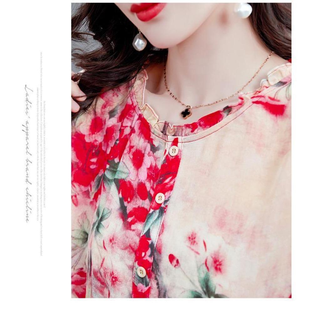 Encrypted Floral Chiffon Shirt for Women In Summer New T-shirt for Noble Ladies Loose Shirt Thin Short-sleeved Top