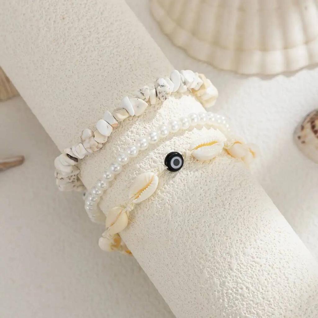 SHIXIN 3Pcs/Set Bohemian Scallop Imitation Pearls Bracelet for Women Summer Beach Multilayer Stacked Bangle Party Jewelry Gifts