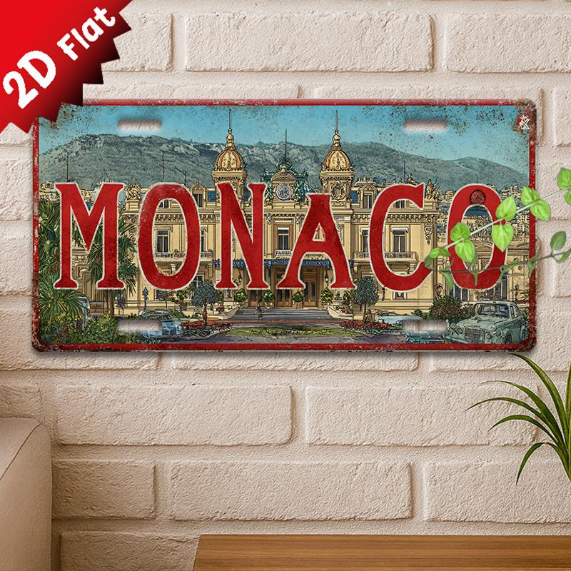 

D Flat Printing Vintage MONACO with MonteCarlo Casino Mountain Landscape Illustration Aluminum Tin Painting License Plate 15x30cm(5.9x7.8inch)