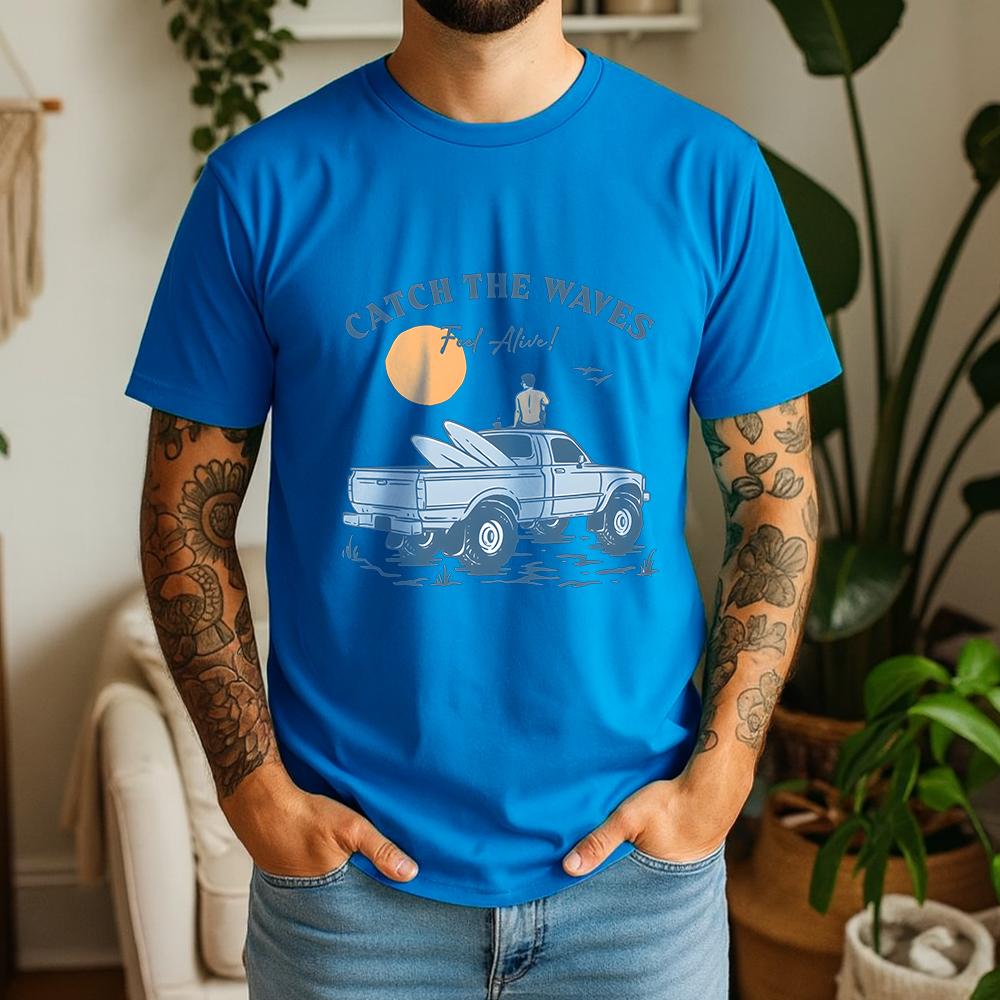 2026 Summer 100 Cotton Catch The Waves Graphic Oversized Tee Surf Pickup Summer Casual Themed Short Sleeve