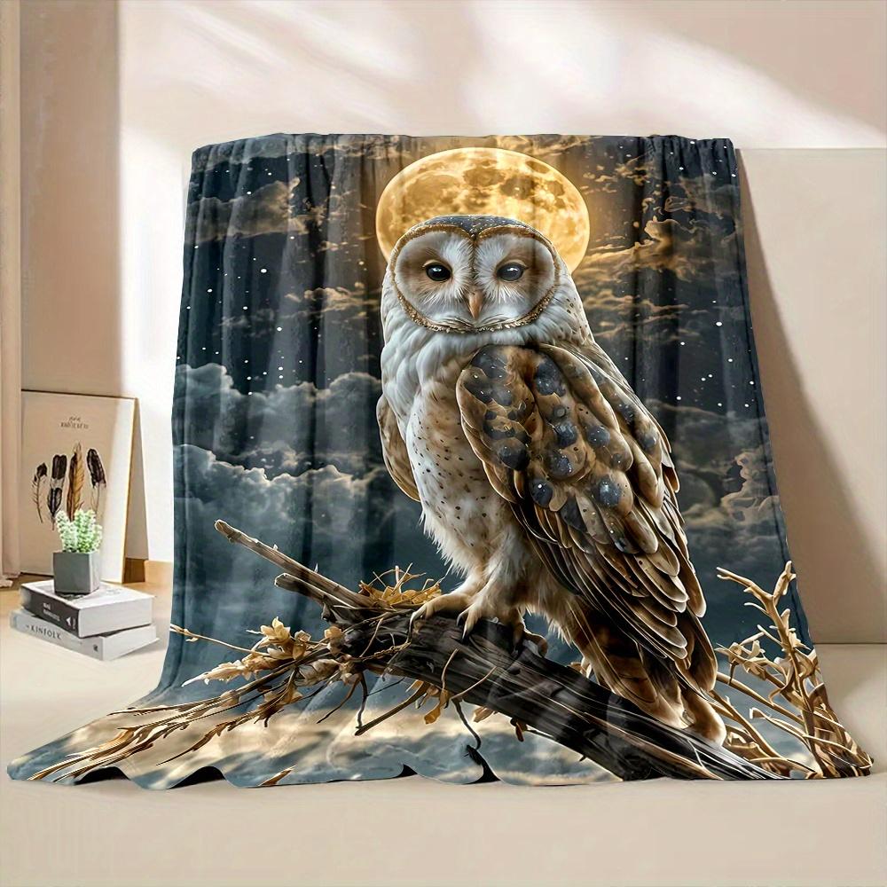 Cozy All-Season White Owl on Tree Top Print Throw Blanket - Soft, Warm Flannel with Starry Night Design for Couch, Bed, Office