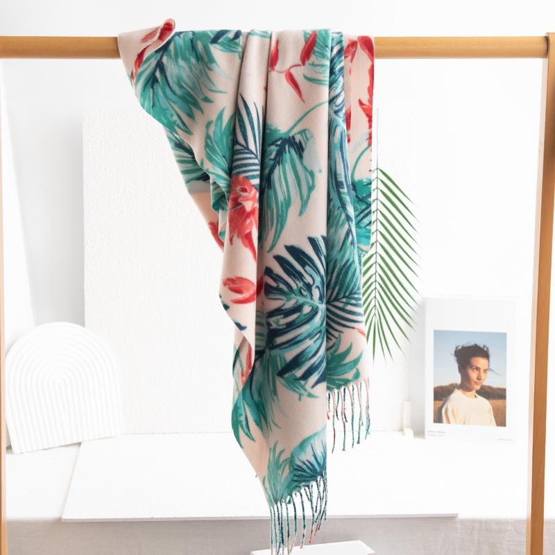 New soft and warm imitation cashmere leaf printing fringed scarf high-end women's spring and autumn scarf shawl