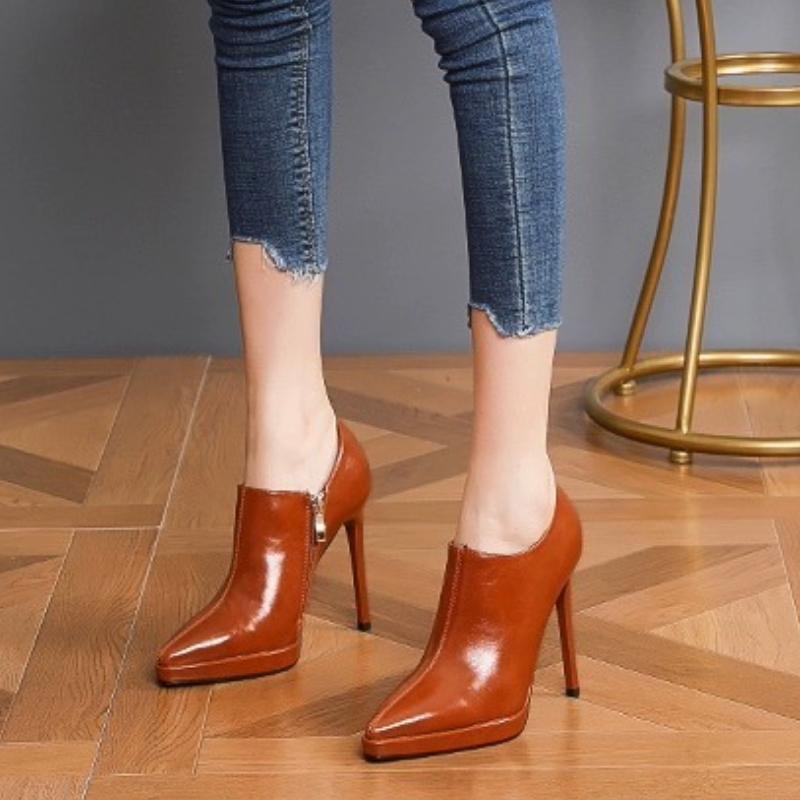 2025 Spring Cowhide Pointed To Platform Thin Heels Pumps Super High Heel Side Zipper Single Shoe Commuter Shoes
