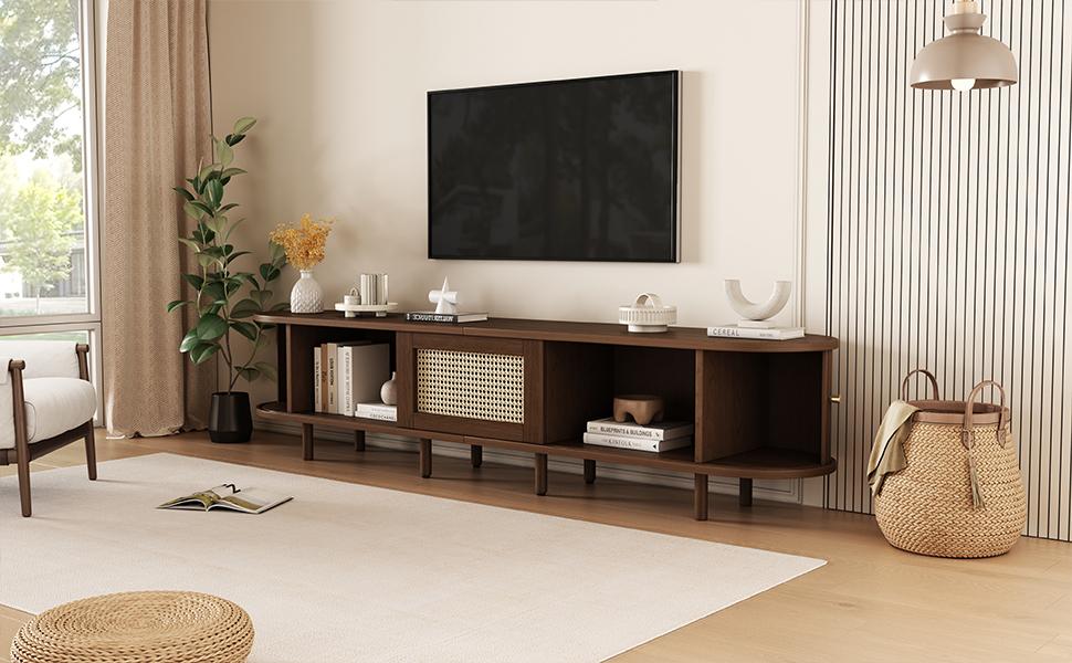 Oval TV Stand In Dark Walnut, Rattan Design - 180 Cm MDF Design, Adjustable Feet, 30 Kg Load Capacity