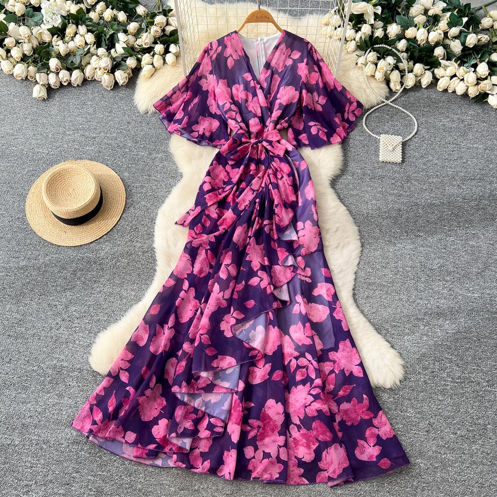 Spring women's dress French high-end strap waist V-neck irregular printed chiffon dress