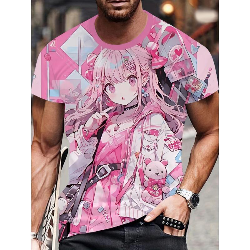 Anime Girl 3D Print T-Shirt for Men Casual Crew Neck Short Sleeve Knit Fabric Unisex Loose