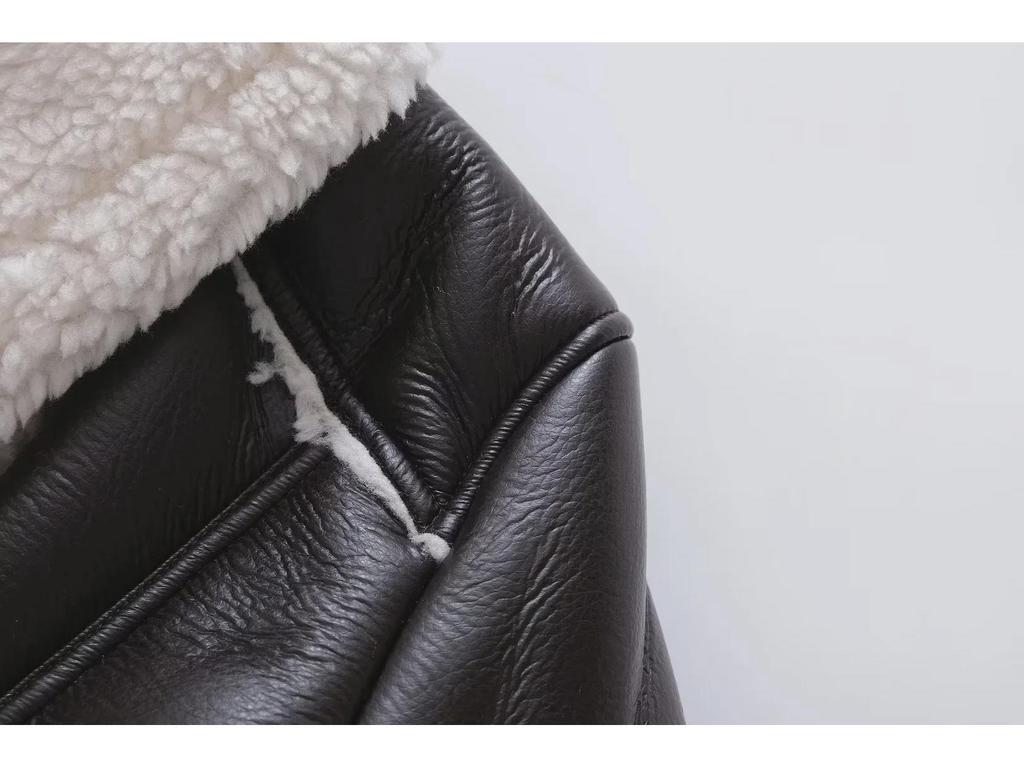 2023 Black Leather and White Fur Short Motorcycle Jacket - Autumn/Winter Street Style