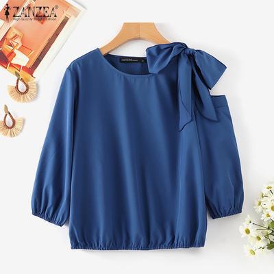 Damen Koreanische Dreiviertelärmel Blusen mit elastischen Bündchen und O-Ausschnitt