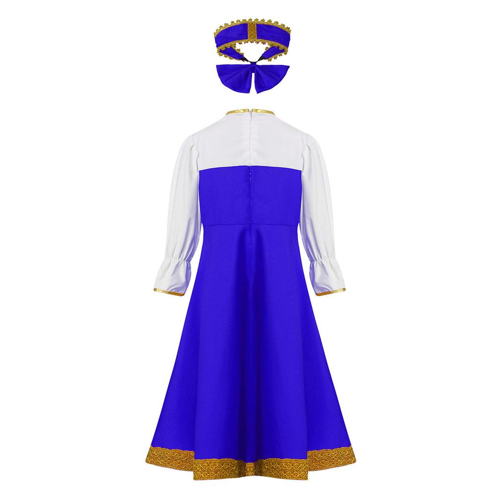 Girls Russian Costume Round Neck Puff Sleeve Gold Embroidery Knee Length Dress Beautiful Headpiece Traditional Set