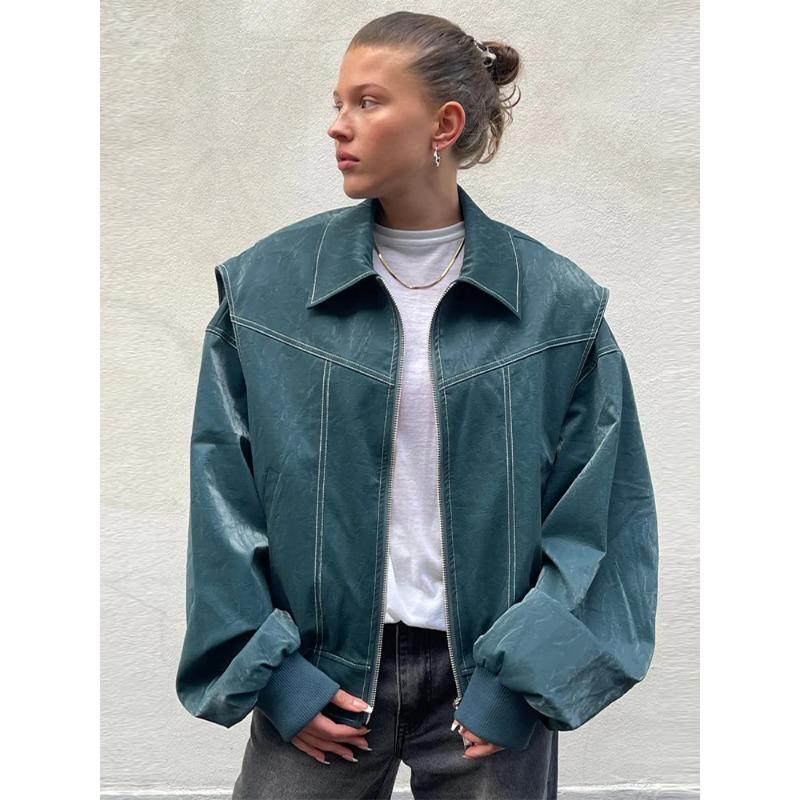 Giacche Vintage a Manica Lunga con Revers a Punto Contrasto Donna Ampie Monocolore Zip Giacca in Pelle PU Femminile Autunno High Streetwear