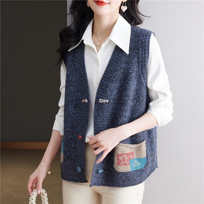 New Spring Autumn Outfits Women's National New Chinese Style Loose Slim Middle-aged Elderly Knitted Cardigan Waistcoat