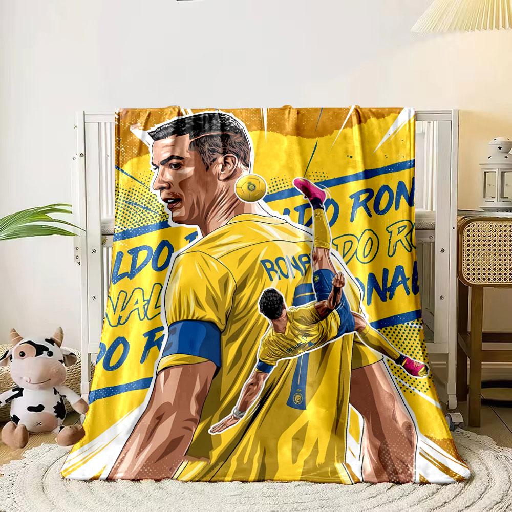 

A dynamic soccer-themed illustration with bold yellow and blue colors. for all seasons blanket lunch break throw gift 80cm x 120cm