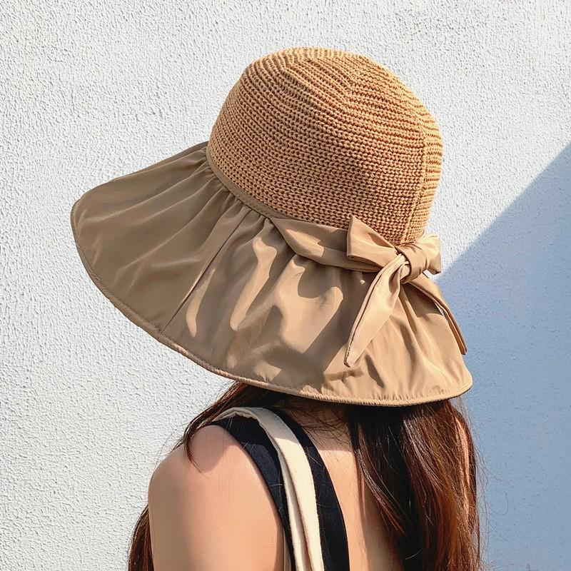 Black Plastic Bucket Hat To Cover The Face Sun Protection Sun Hat Anti-ultraviolet Sun Hat Women's Bow Wide Brim Hat