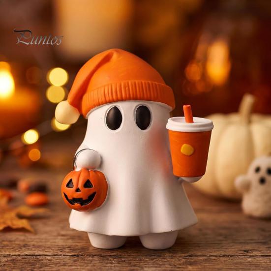 Halloween Shelf Decor Ghost Figurine, Cute Reading Statue, Ornament with Party Table Centerpiece Pumpkin Bucket, Skeleton Puppy Tabletop for