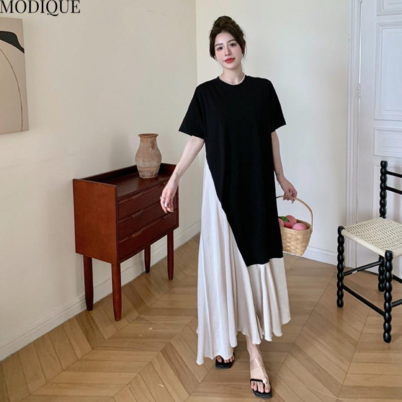 MODIQUE Summer Plus Size New Women Basic Loose Elegant Color Matching Silk Patchwork Long Dresses Female Casual Short Sleeve O-Neck Dresses