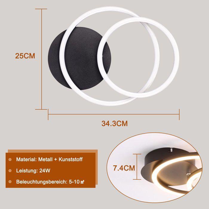 Plafonnier LED - NETTLIFE - Modèle 2 anneaux - Noir - 24W - 3000K (blanc chaud) - design moderne