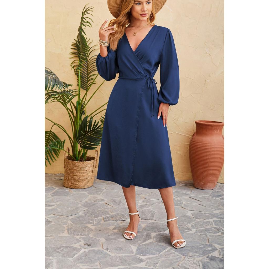 Spring Summer Women's Satin Solid V-Neck Slit Hem Sexy Dress, European American Style Casual Elegant Party Dress