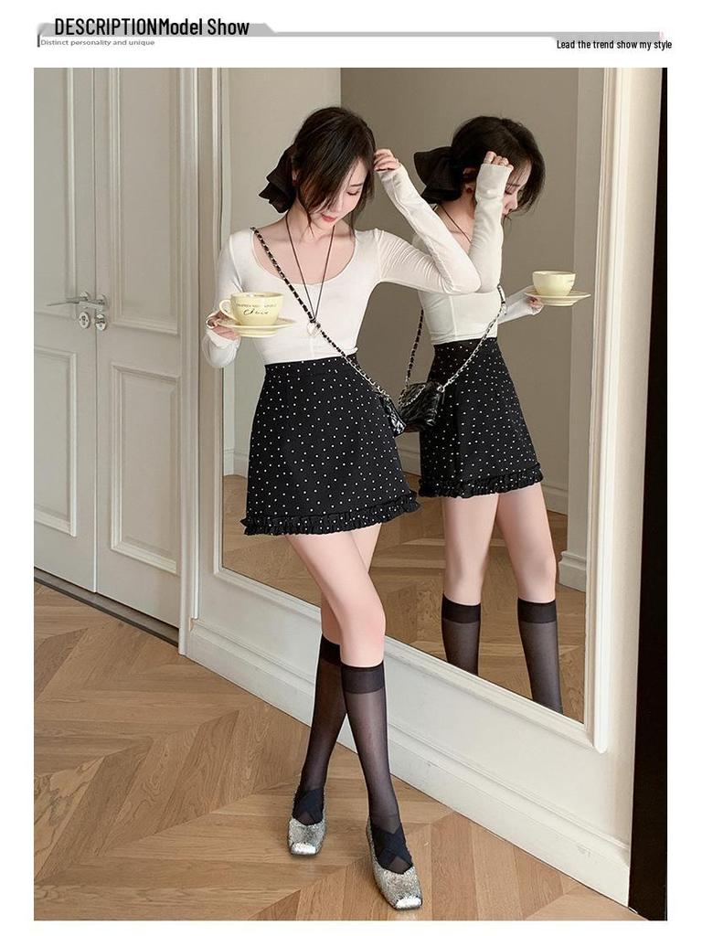 Stylish Black Polka Dot Ruffle-Edge A-Line Skirt for Women - Spring/Summer 2026 Collection