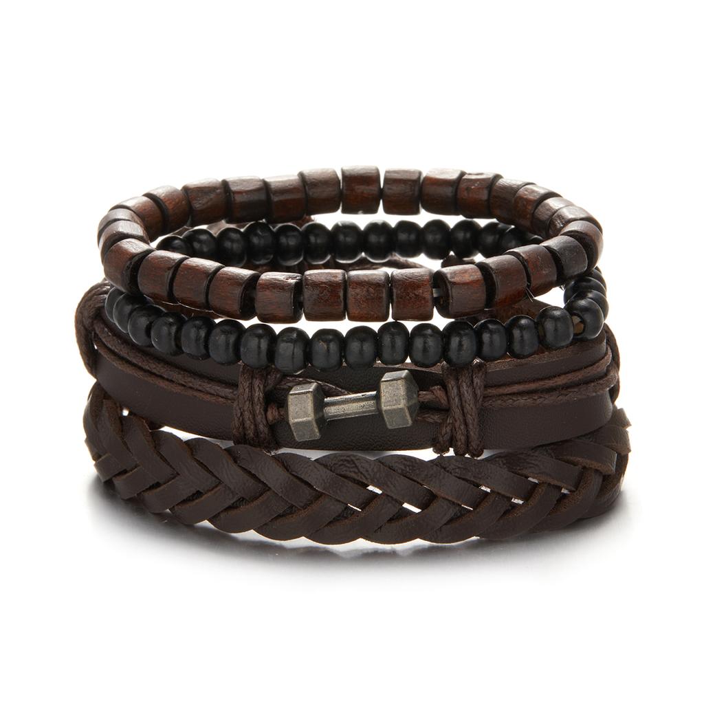 Trendy Braided Wrap Leather Bracelets Men Vintage Cross Dumbbell Guitar Charm Wood Beads Male Wristbands Jewelry Pulsera Hombre