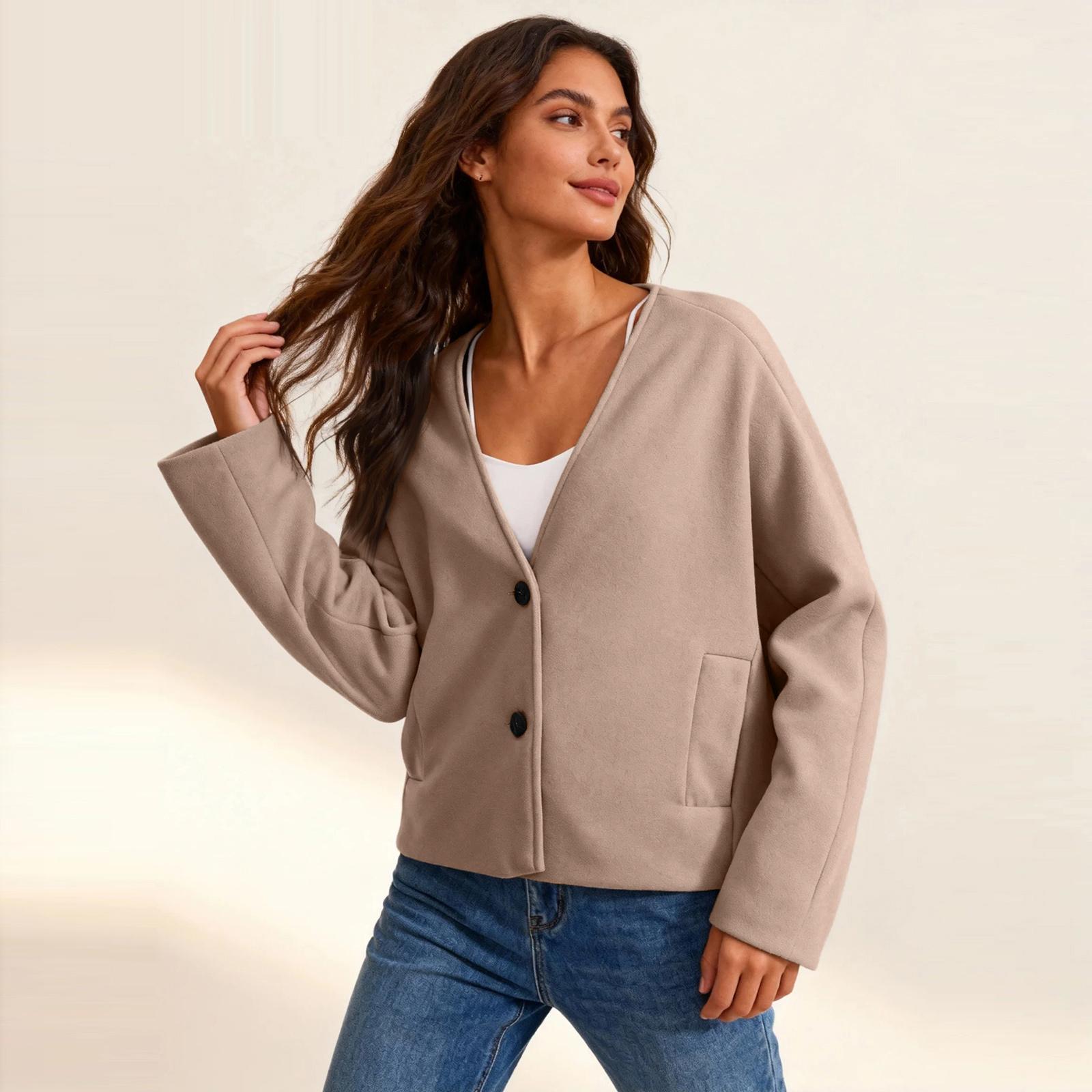 

Women s Fashion V-Neck Jacket Double-Button Wool Blend Short Coat S верблюд
