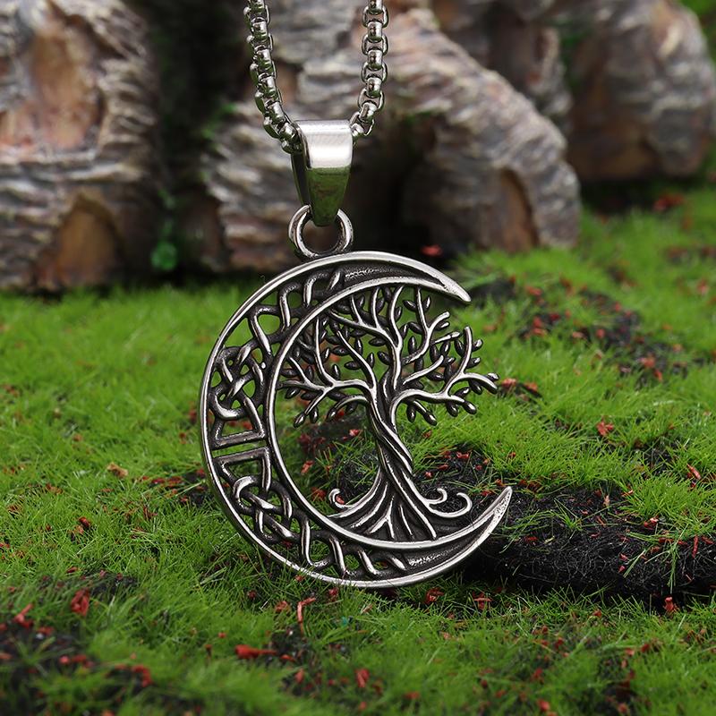 Nordic World Tree Celtic Knot Moon Tree of Life Pendant Necklace Lucky Amulet Jewelry Gift for Men and Women