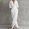 New Elegant Solid Color V-Neck Long Sleeve Ruched Waist Pocket Dress