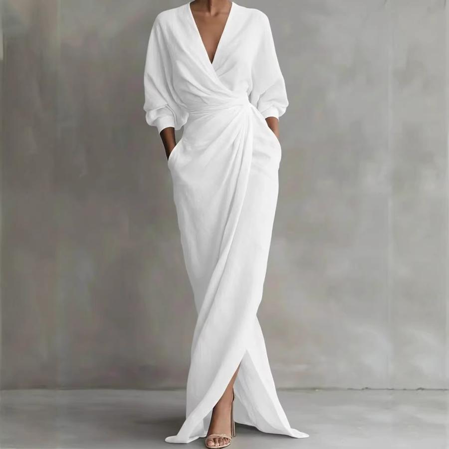 New Elegant Solid Color V-Neck Long Sleeve Ruched Waist Pocket Dress