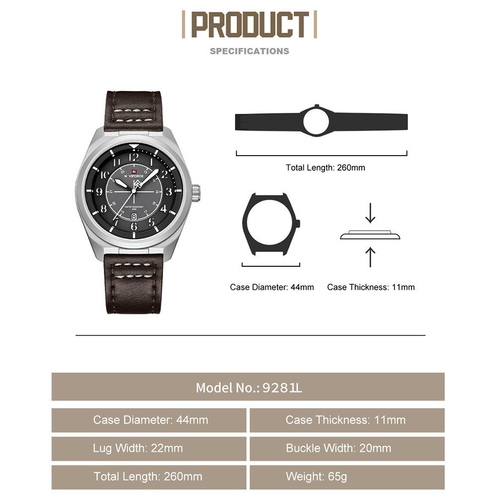 NAVIFORCE Original Men Fashion Quartz Watch Leather Strap 30m Waterproof Calendar Compass Design Men Leisure Business Watch NF9281L