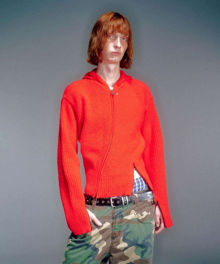 Beikeonteuakaibeu Men Moro Knitted Hoodie Zip-Up Red